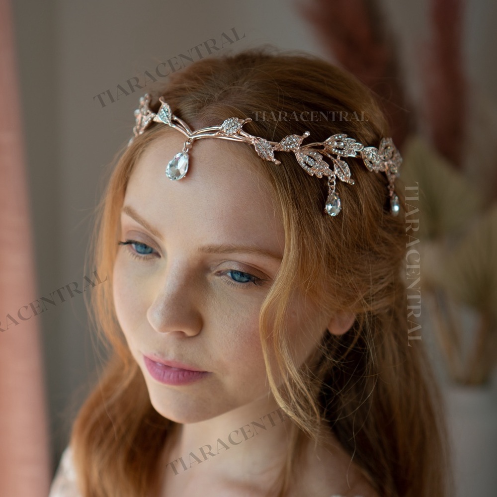 Fairy Gold Leaf Tiara with Crystal Accents